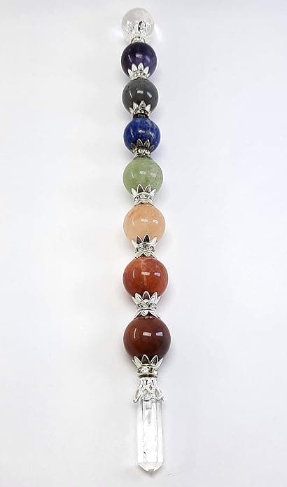 7 Chakra Stone Wand with seven round chakra stones and clear crystal point
